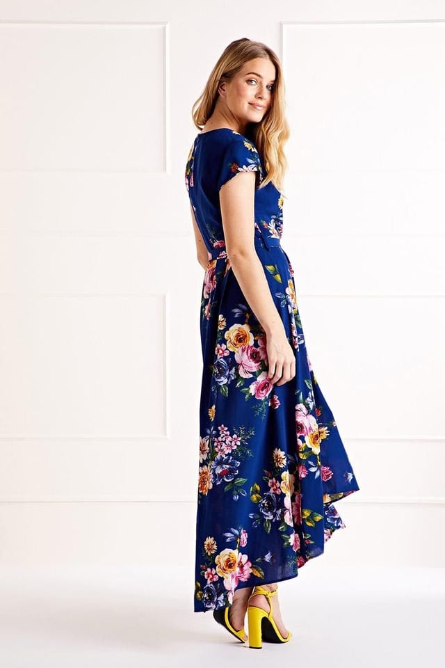 Mela Mela Women's Blue Floral Wrap Over Dipped Hem Midi Dress in Navy - 3