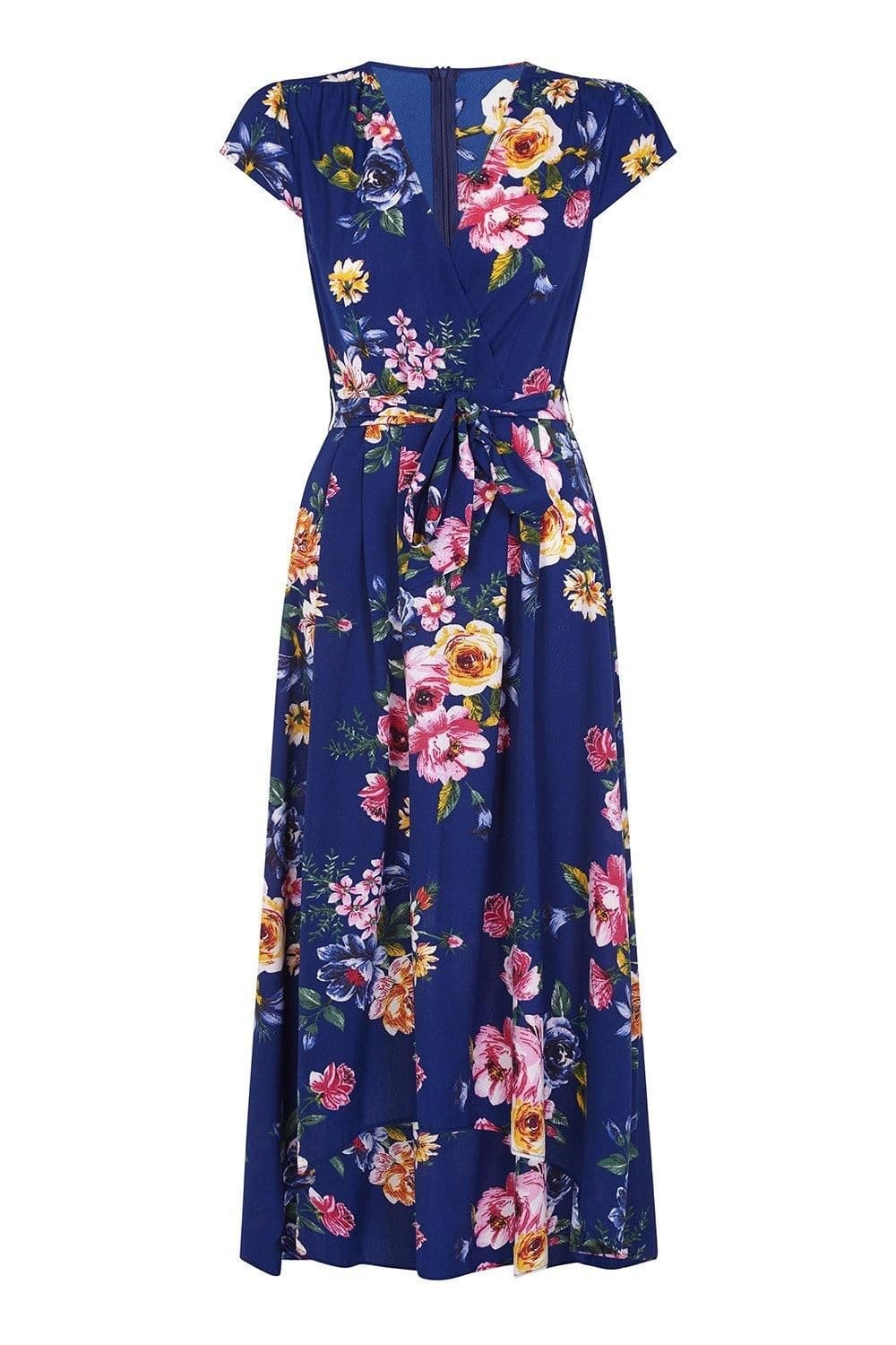 Mela Mela Women's Blue Floral Wrap Over Dipped Hem Midi Dress in Navy - 4