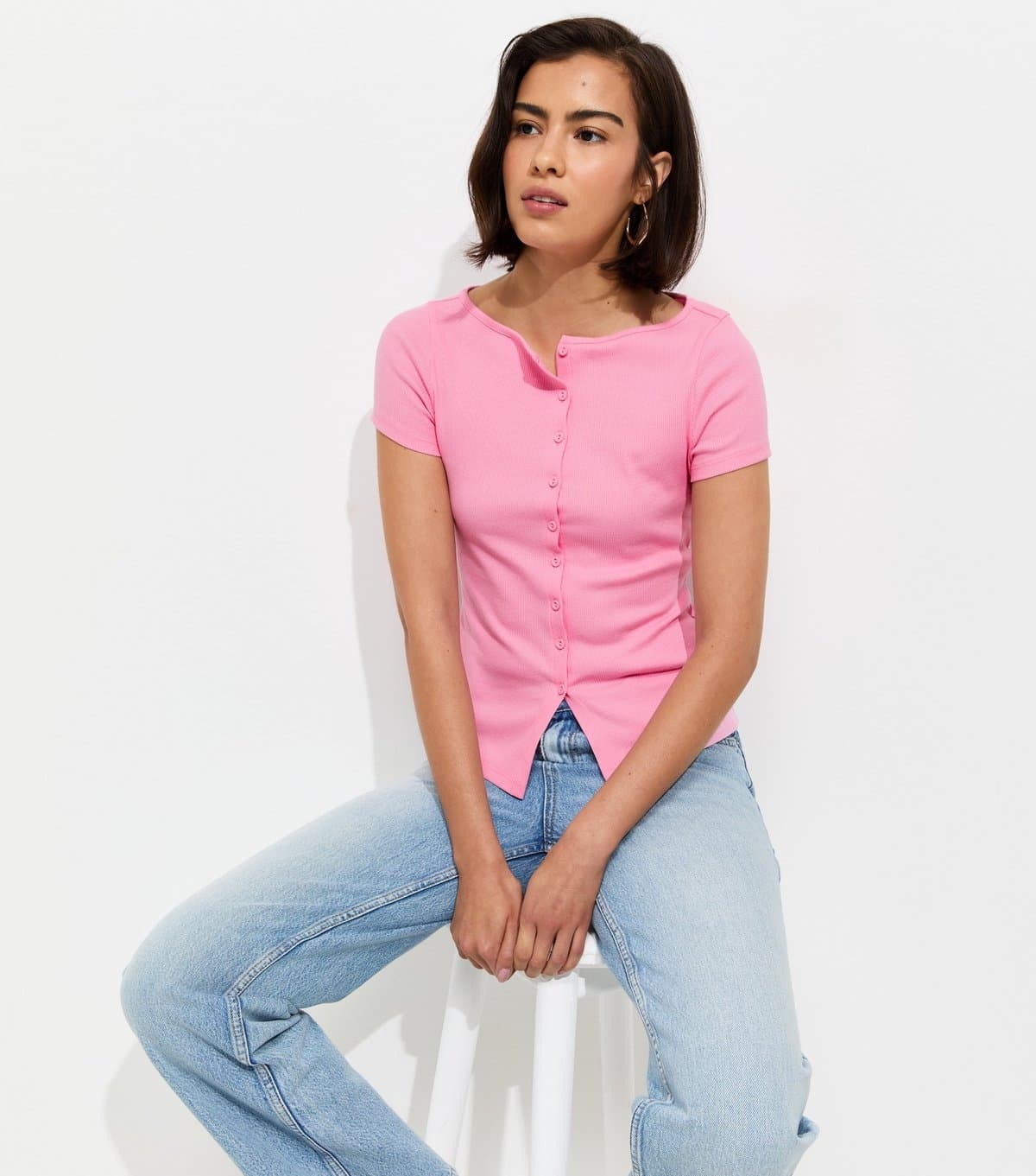 New Look Women's Light Pink Cotton Rich Button Through Baby Tee T-Shirt New Look