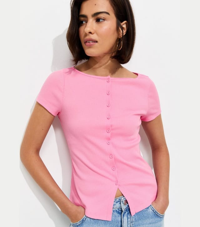 New Look Women's Light Pink Cotton Rich Button Through Baby Tee T-Shirt New Look - 2