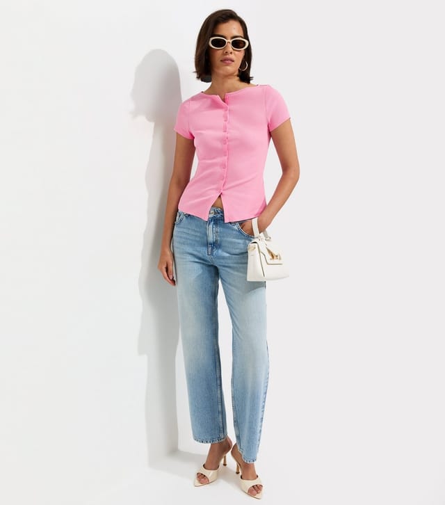 New Look Women's Light Pink Cotton Rich Button Through Baby Tee T-Shirt New Look - 3
