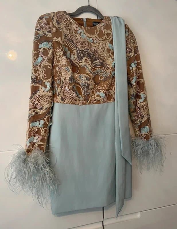 Lavish Alice Lavish Alice blue sequin feather cuff dress with belt