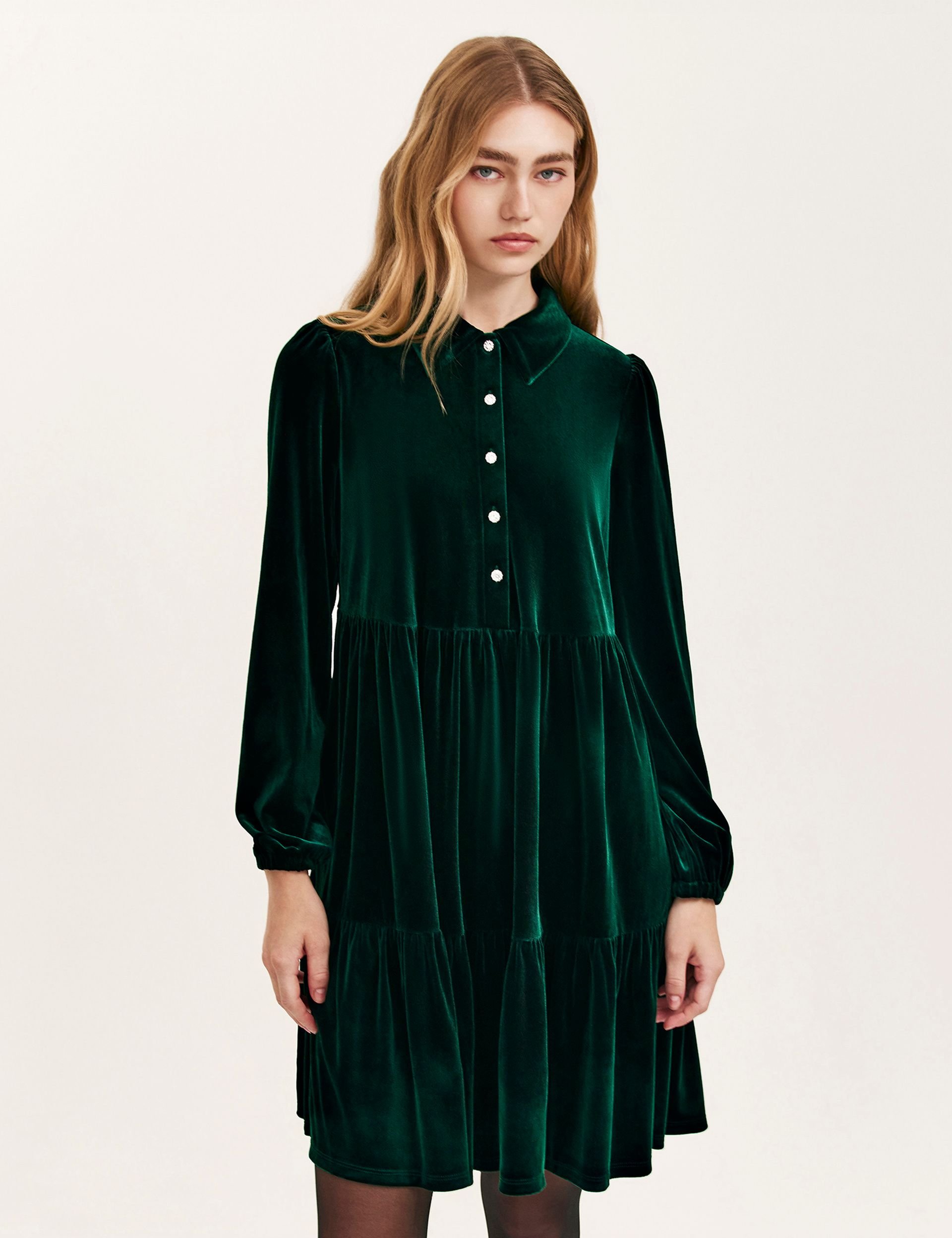Finery London Finery London Women's Rosanna Velvet Mini Shirt Dress in Bottle Green - 2