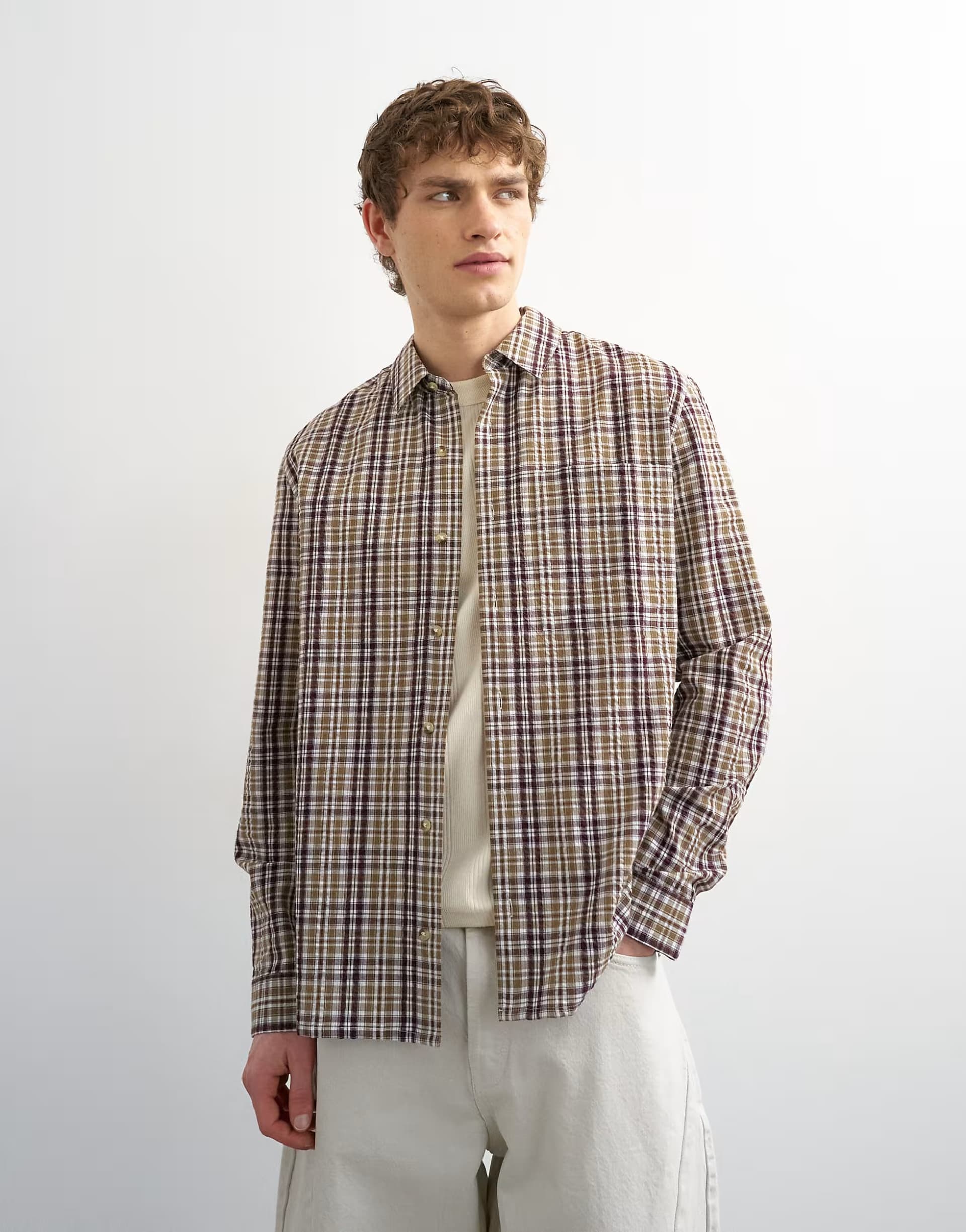 ASOS Topman regular fit textured check shirt in brown
