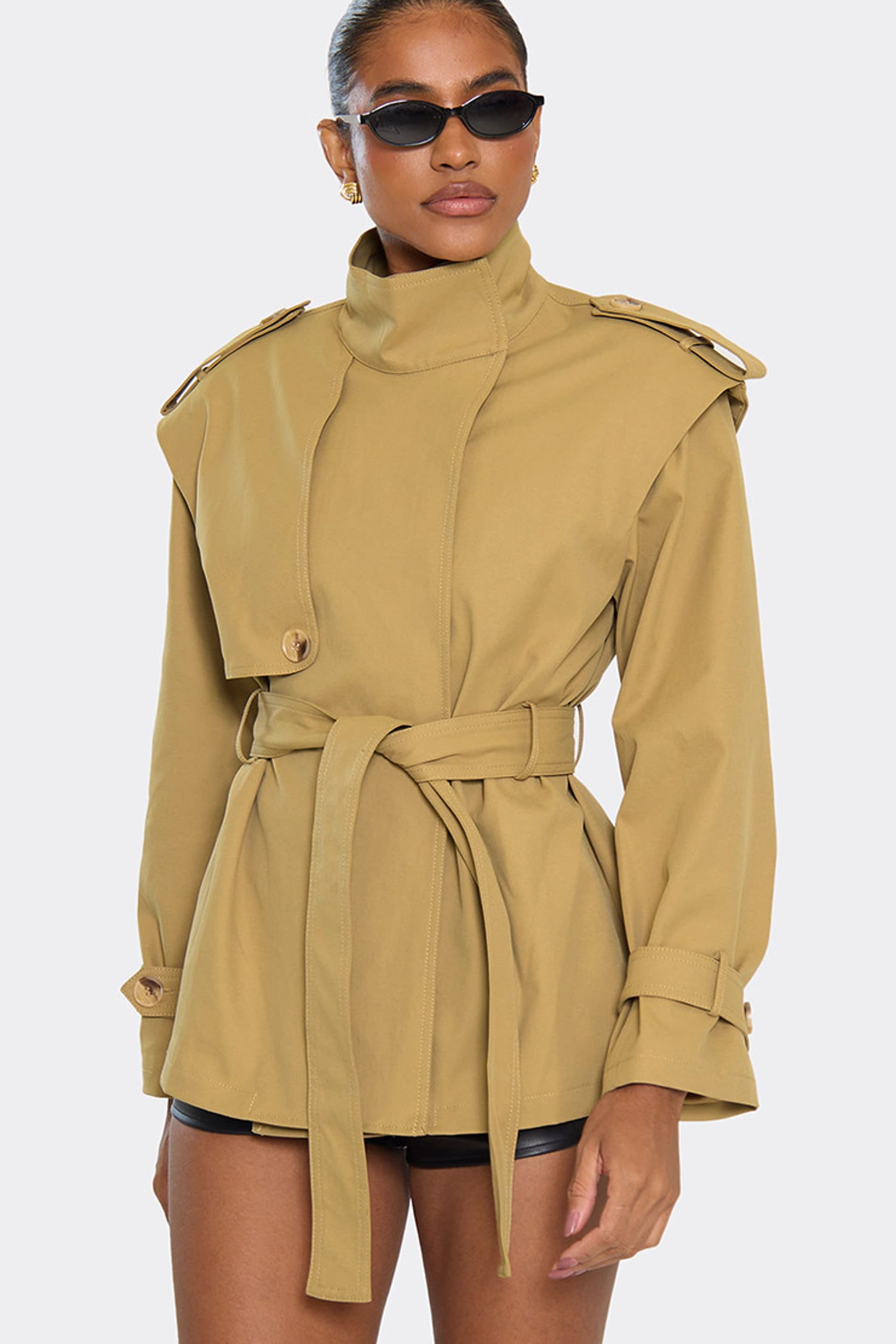 EGO EGO Women's Long Sleeve High Neck Short Coat in Brown