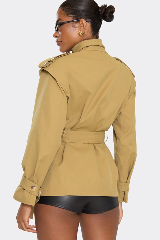 EGO EGO Women's Long Sleeve High Neck Short Coat in Brown - 2