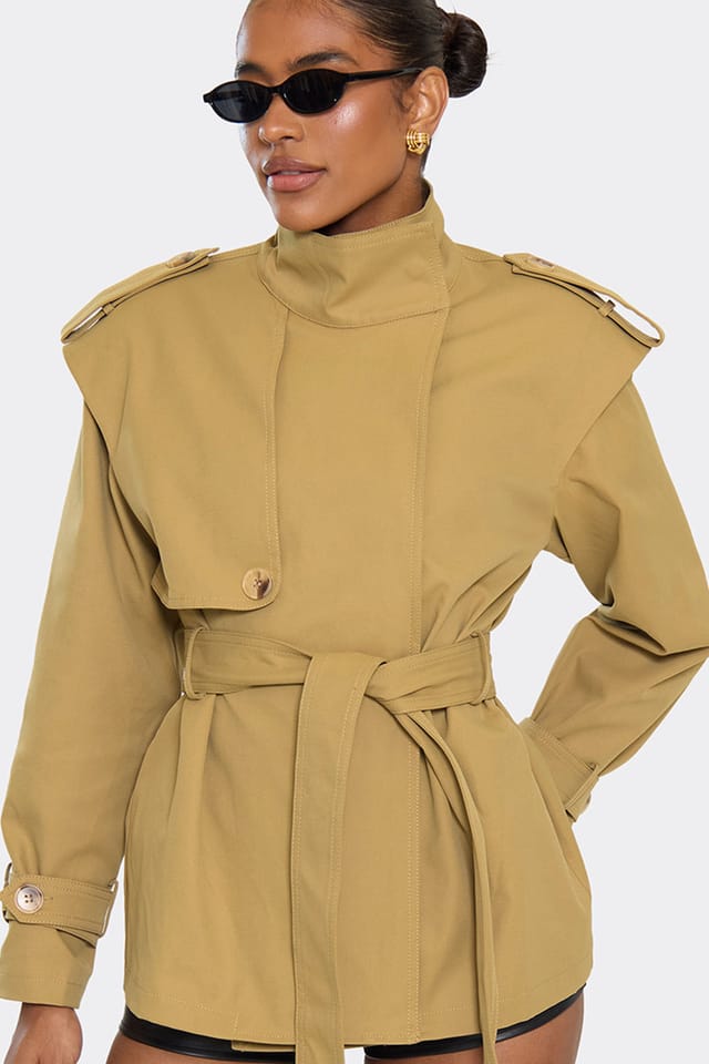 EGO EGO Women's Long Sleeve High Neck Short Coat in Brown - 3