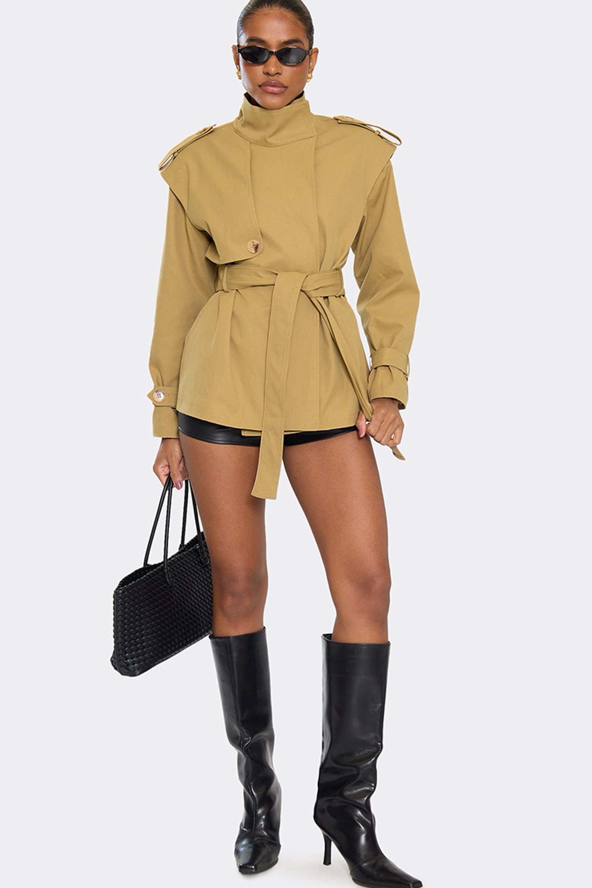 EGO EGO Women's Long Sleeve High Neck Short Coat in Brown - 4