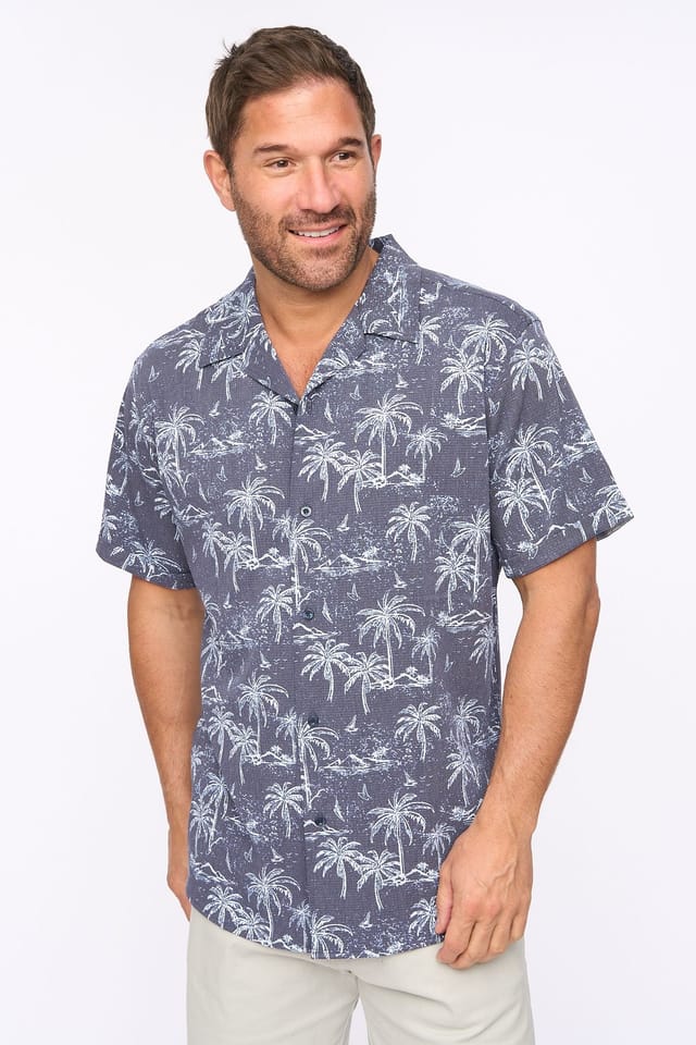 Bewley&Ritch Bewley&Ritch Men's Arecas Palm Print Cuban Collar Relaxed Stretch Shirt in Navy - 3