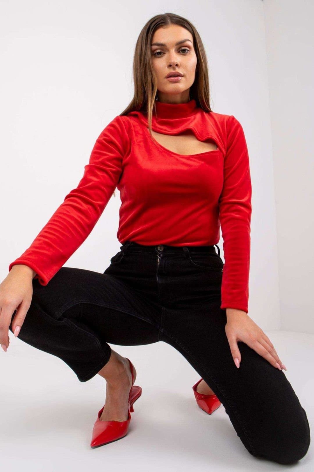 Love Lace Love Lace Women's Long Sleeve Velour Cutout Stand Collar Blouse in Red
