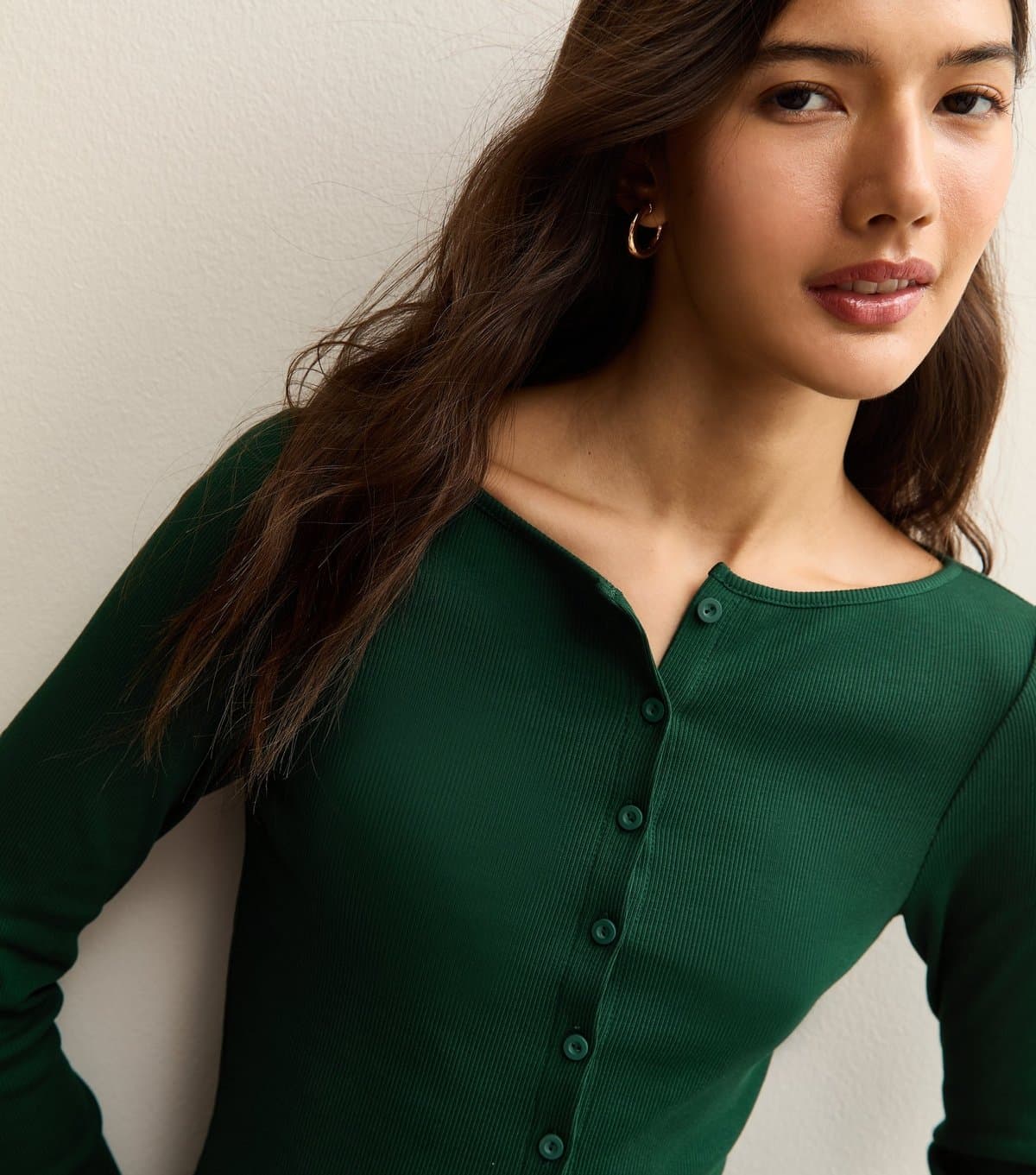 New Look Women's Dark Green Rib Button Up Long Sleeve Top New Look