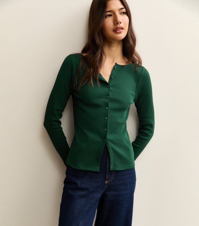 New Look Women's Dark Green Rib Button Up Long Sleeve Top New Look - 2