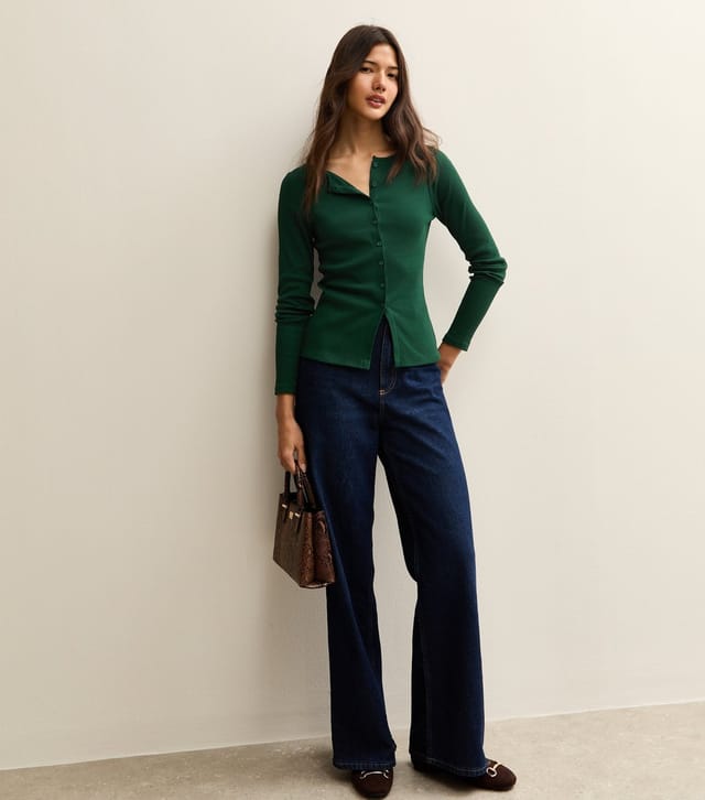 New Look Women's Dark Green Rib Button Up Long Sleeve Top New Look - 3