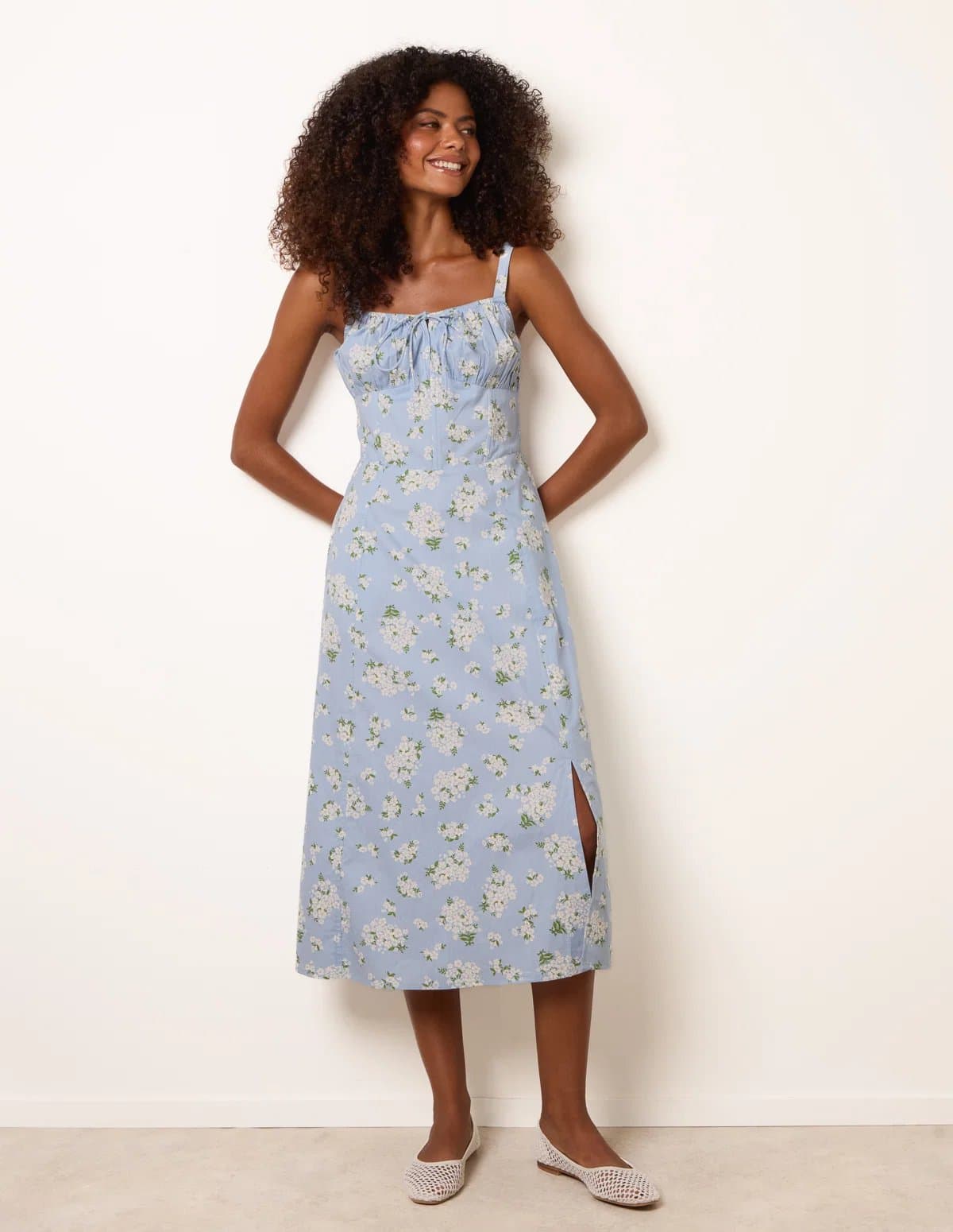 Blue Vanilla Midi Milkmaid Floral Dress
