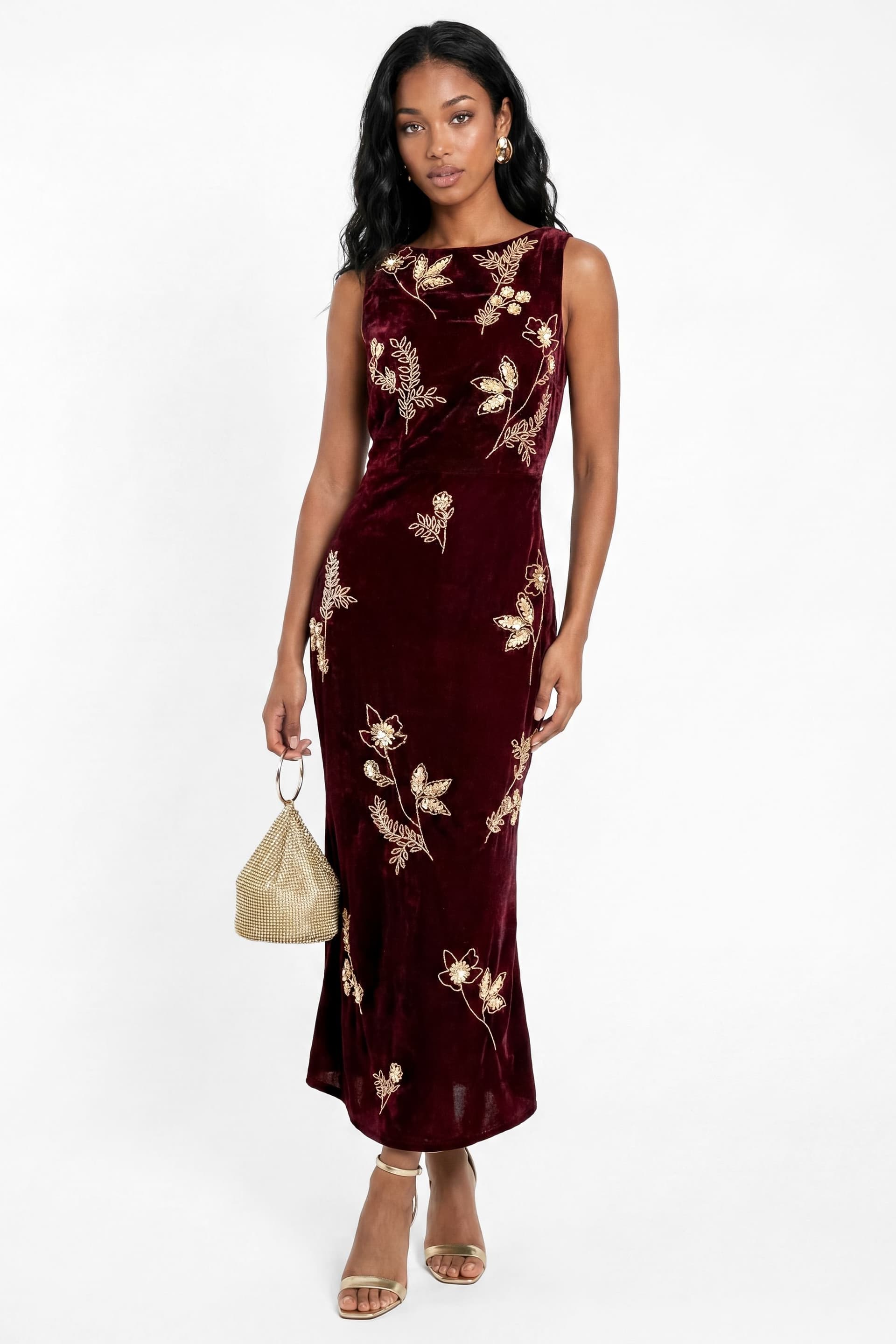 Maya Deluxe Maya Deluxe Women's Floral Embellished Cowl Back Velvet Midaxi Dress in Wine