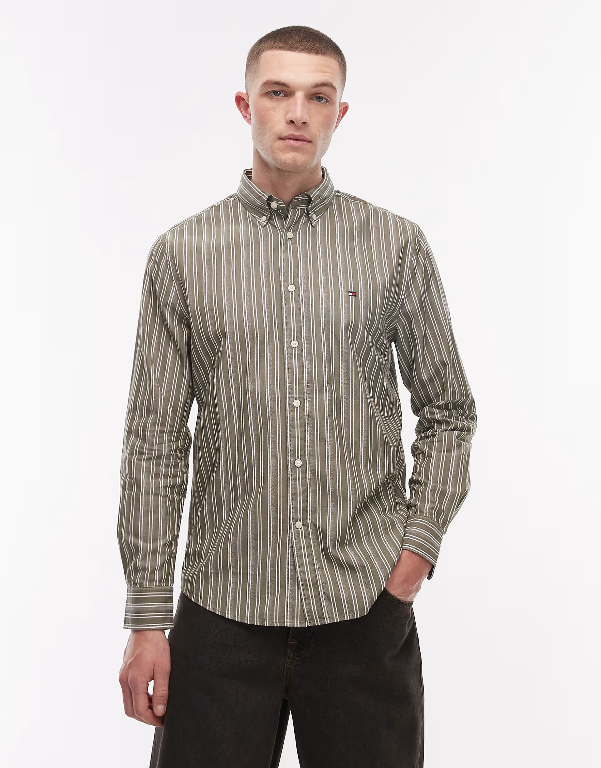 ASOS Tommy Hilfiger flex poplin shirt in khaki stripe - 1