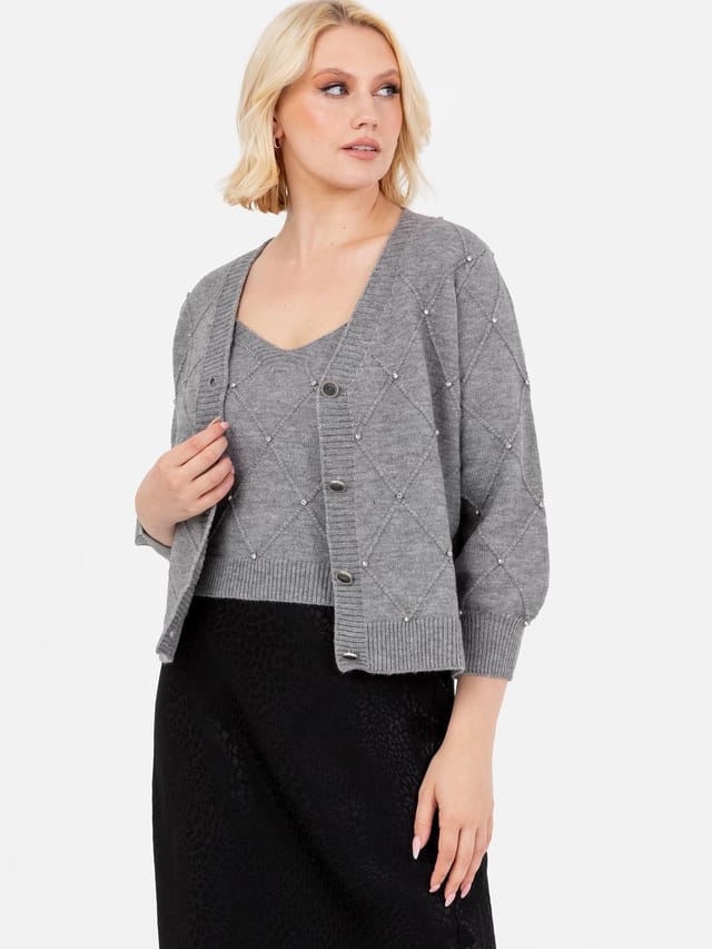 Lovedrobe Lovedrobe Women's Diamante Cardigan Crop Top Set in Grey - 2