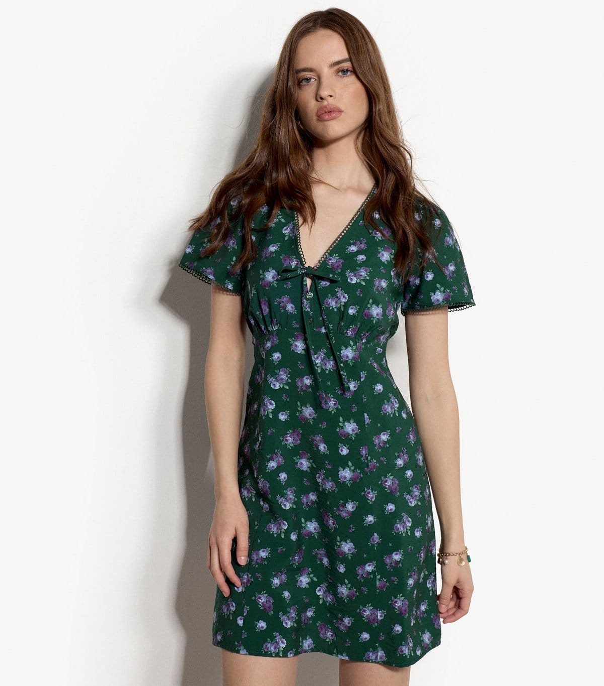 Women's Green Floral Print Tea Dress Apricot New Look