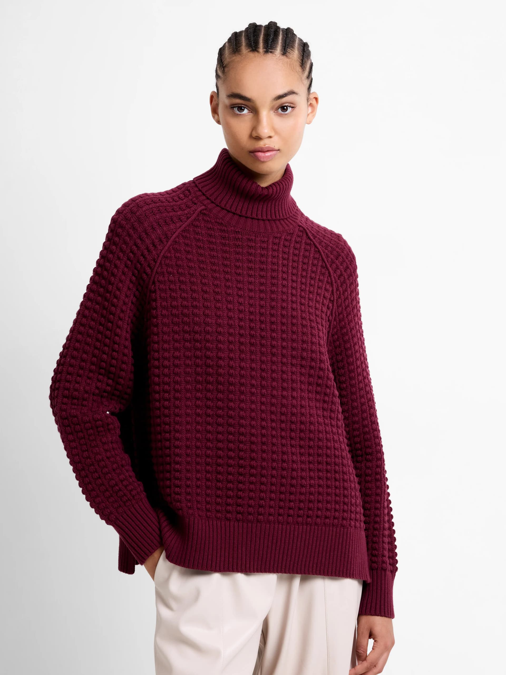 French Connection Keya Popcorn Knit Rollneck Jumper Bordeaux Red
