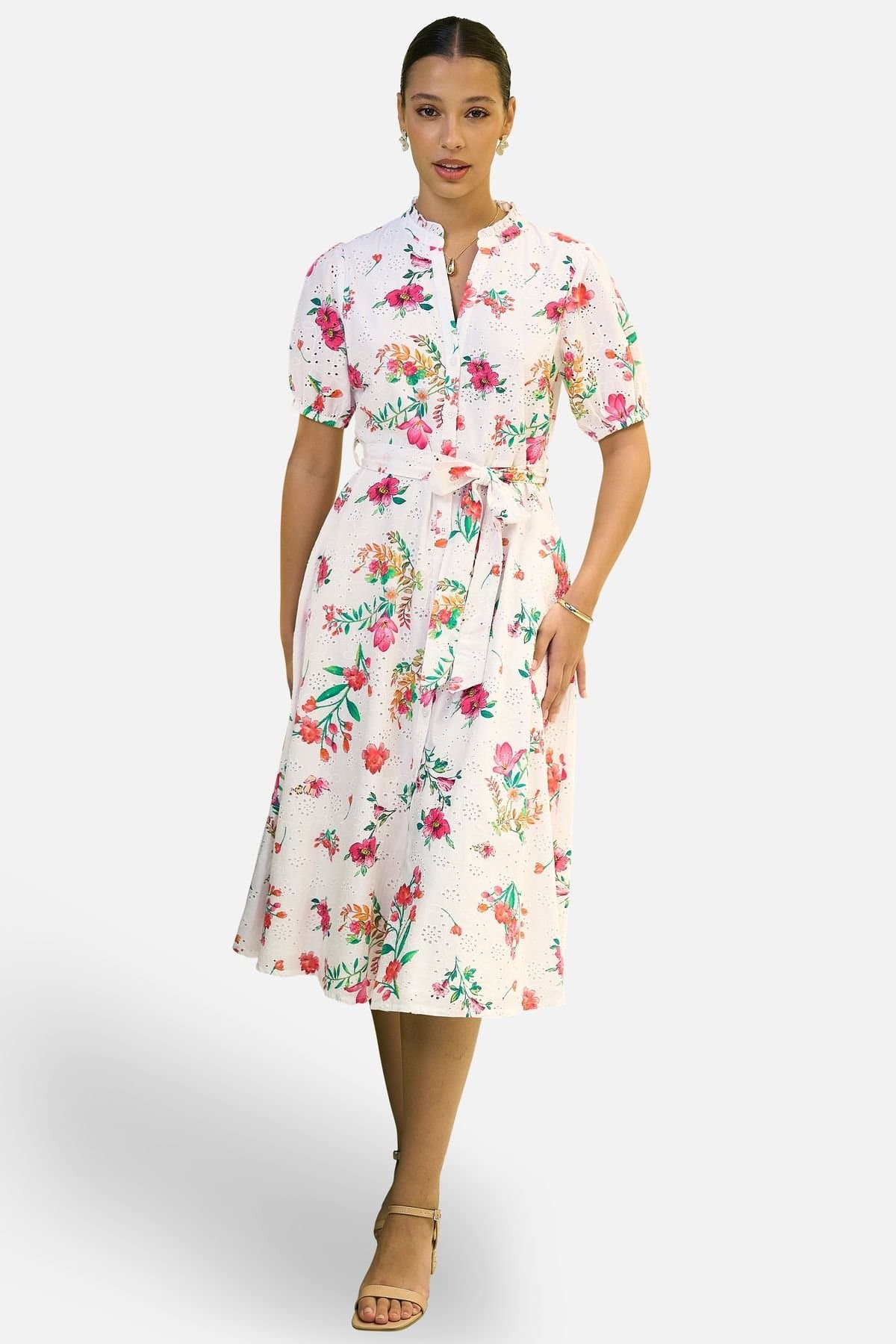 Yumi Yumi Women's White Floral Print Cotton Broderie Anglaise Midi Shirt Dress