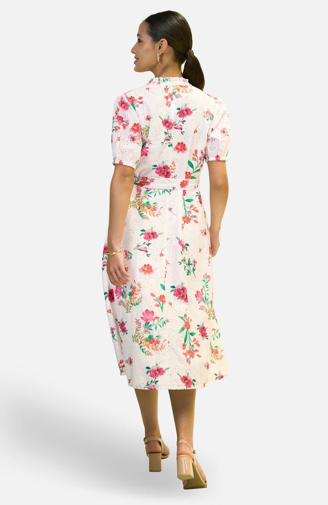 Yumi Yumi Women's White Floral Print Cotton Broderie Anglaise Midi Shirt Dress - 2