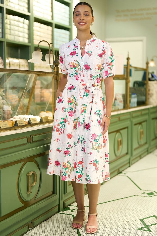 Yumi Yumi Women's White Floral Print Cotton Broderie Anglaise Midi Shirt Dress - 3