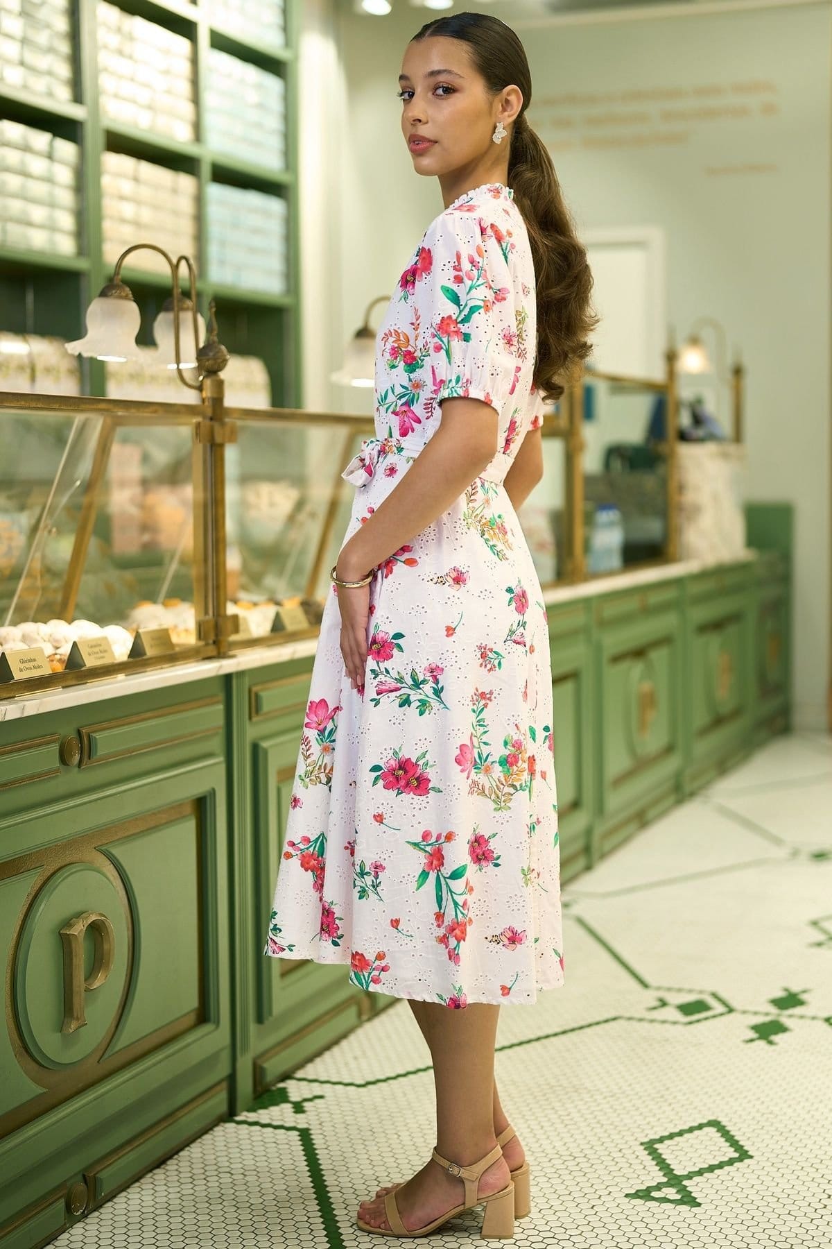 Yumi Yumi Women's White Floral Print Cotton Broderie Anglaise Midi Shirt Dress - 4