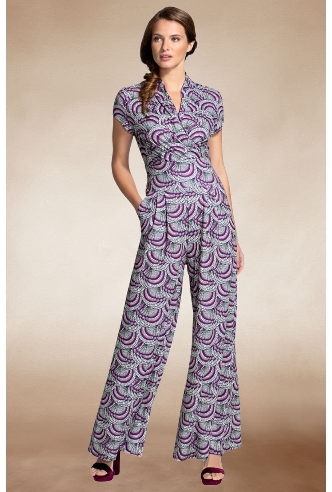 Hot Squash Hot Squash Women's V Neck Wide Leg Jumpsuit with Cap Sleeves in Purple