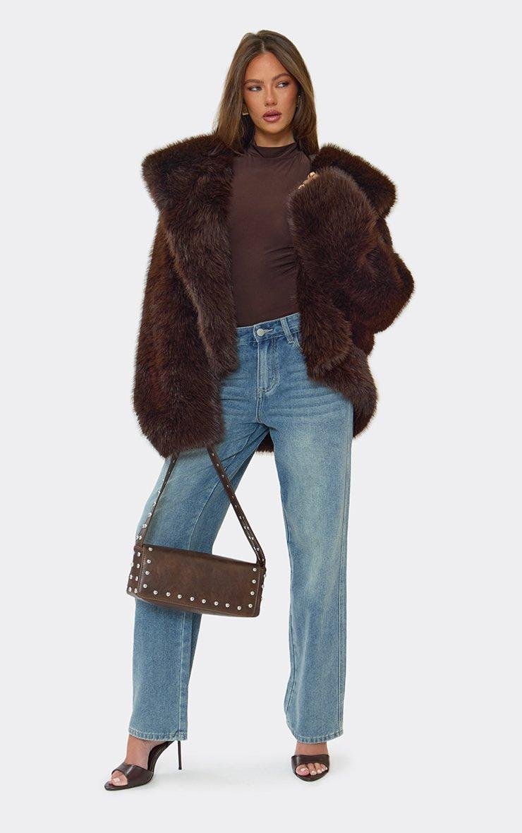 EGO Oversized Hooded Coat In Brown Faux Fur, Women's Size UK L - 2