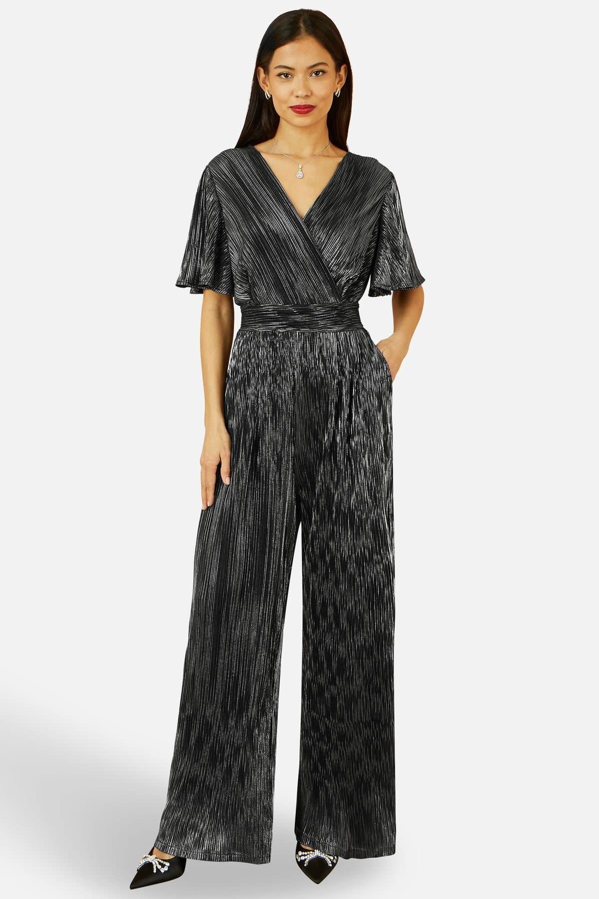 Yumi Yumi Women's Black Metallic Pleated Jumpsuit With V Neck