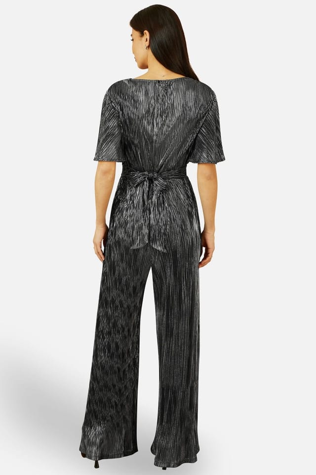 Yumi Yumi Women's Black Metallic Pleated Jumpsuit With V Neck - 3