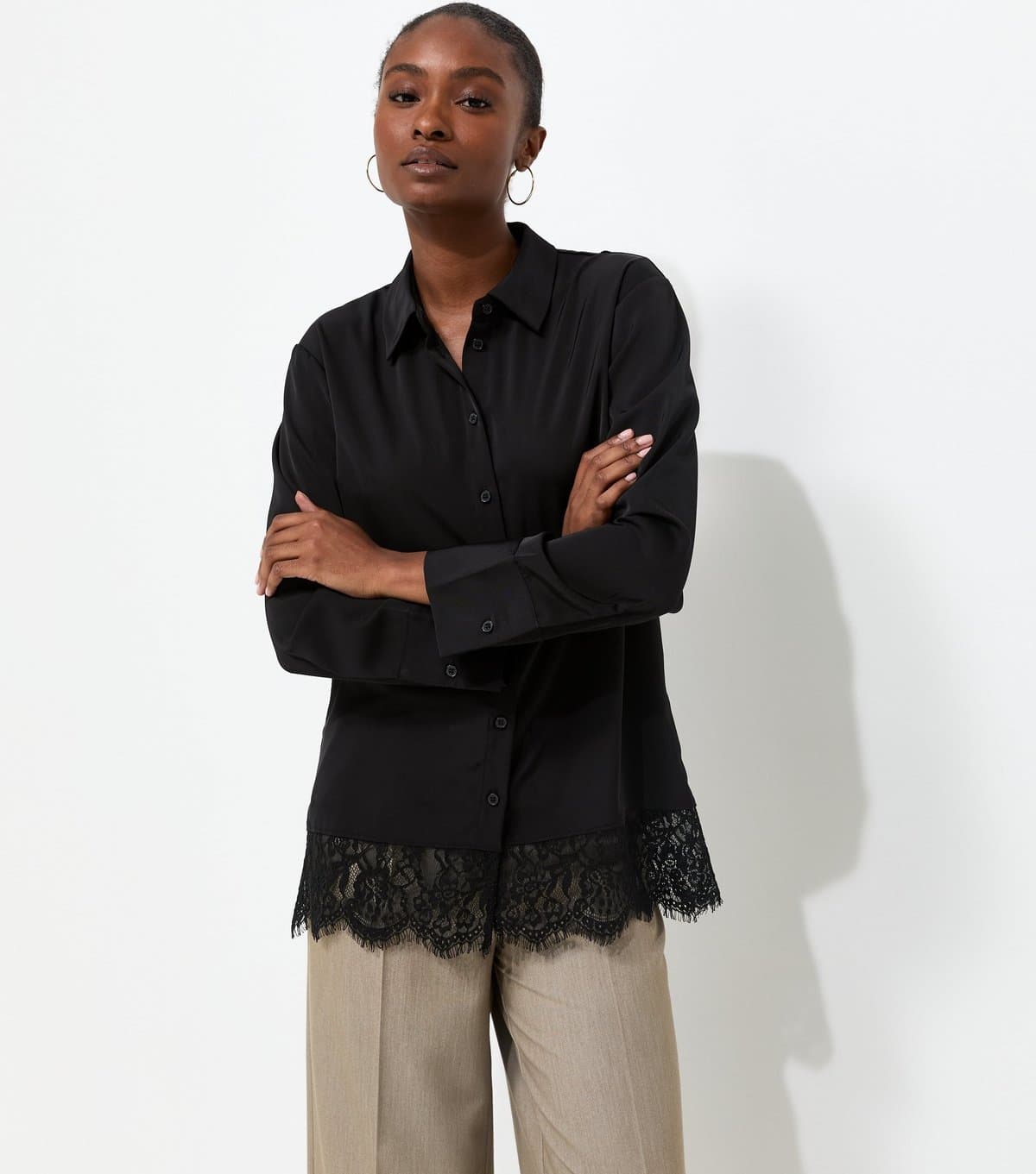 New Look New Look Black Lace Trim Longline Shirt