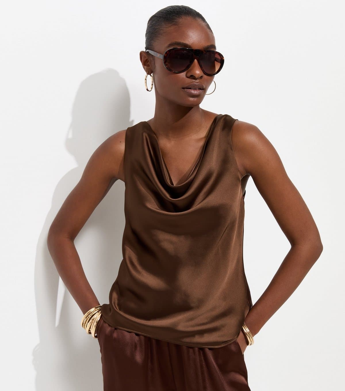 New Look Women's Dark Brown Satin Cowl Neck Sleeveless Top New Look