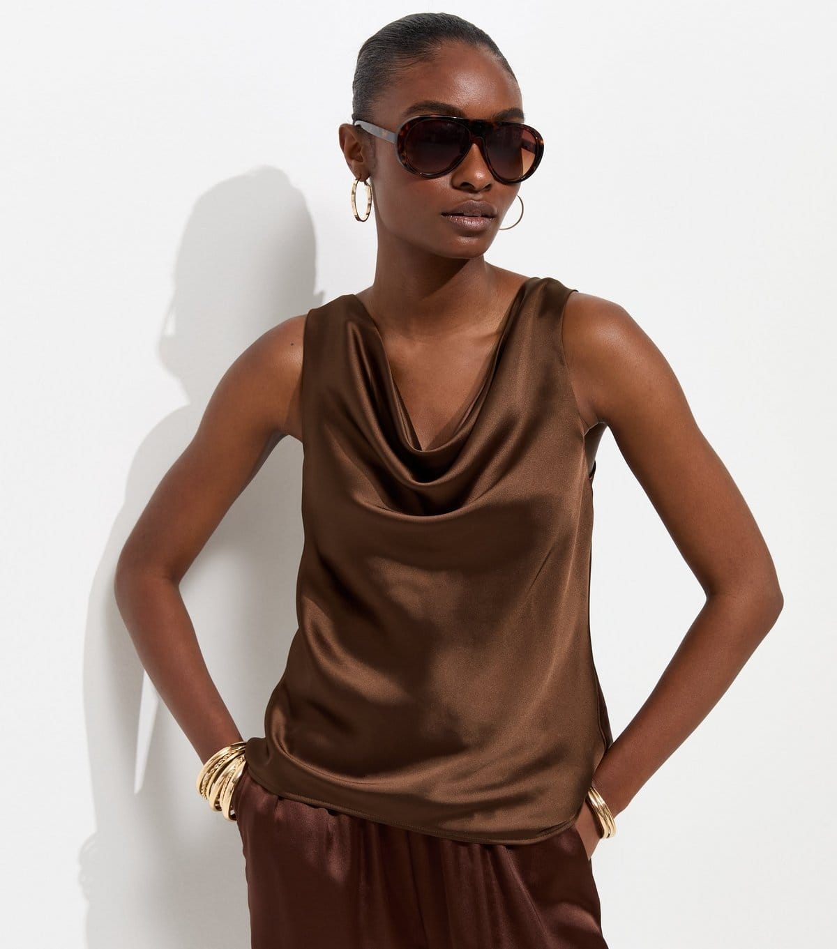 New Look Dark Brown Satin Cowl Neck Sleeveless Top