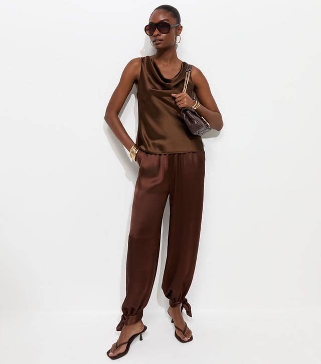 New Look Women's Dark Brown Satin Cowl Neck Sleeveless Top New Look - 3