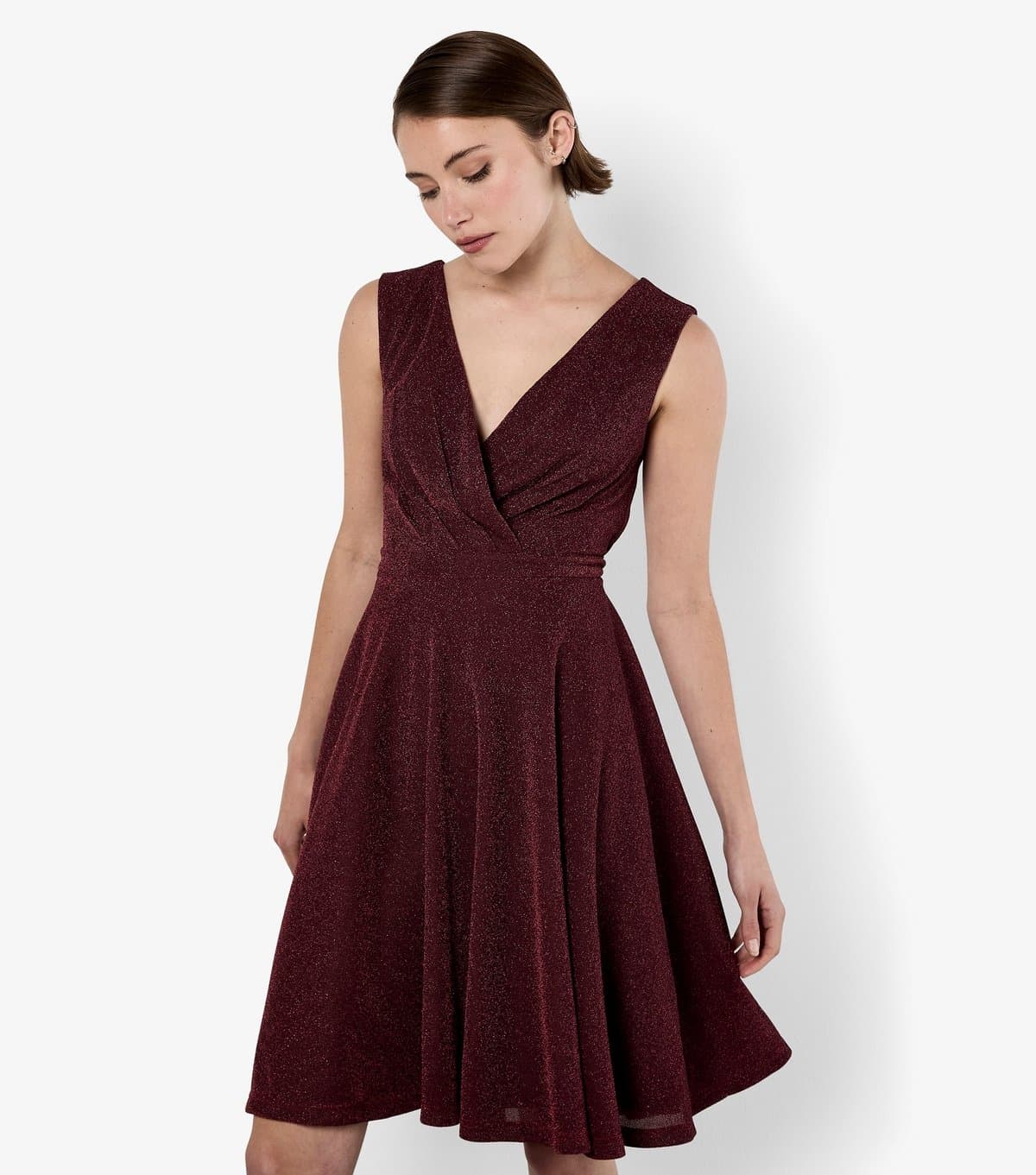 Apricot Women's Burgundy Lurex Pleated Skater Dress Apricot New Look