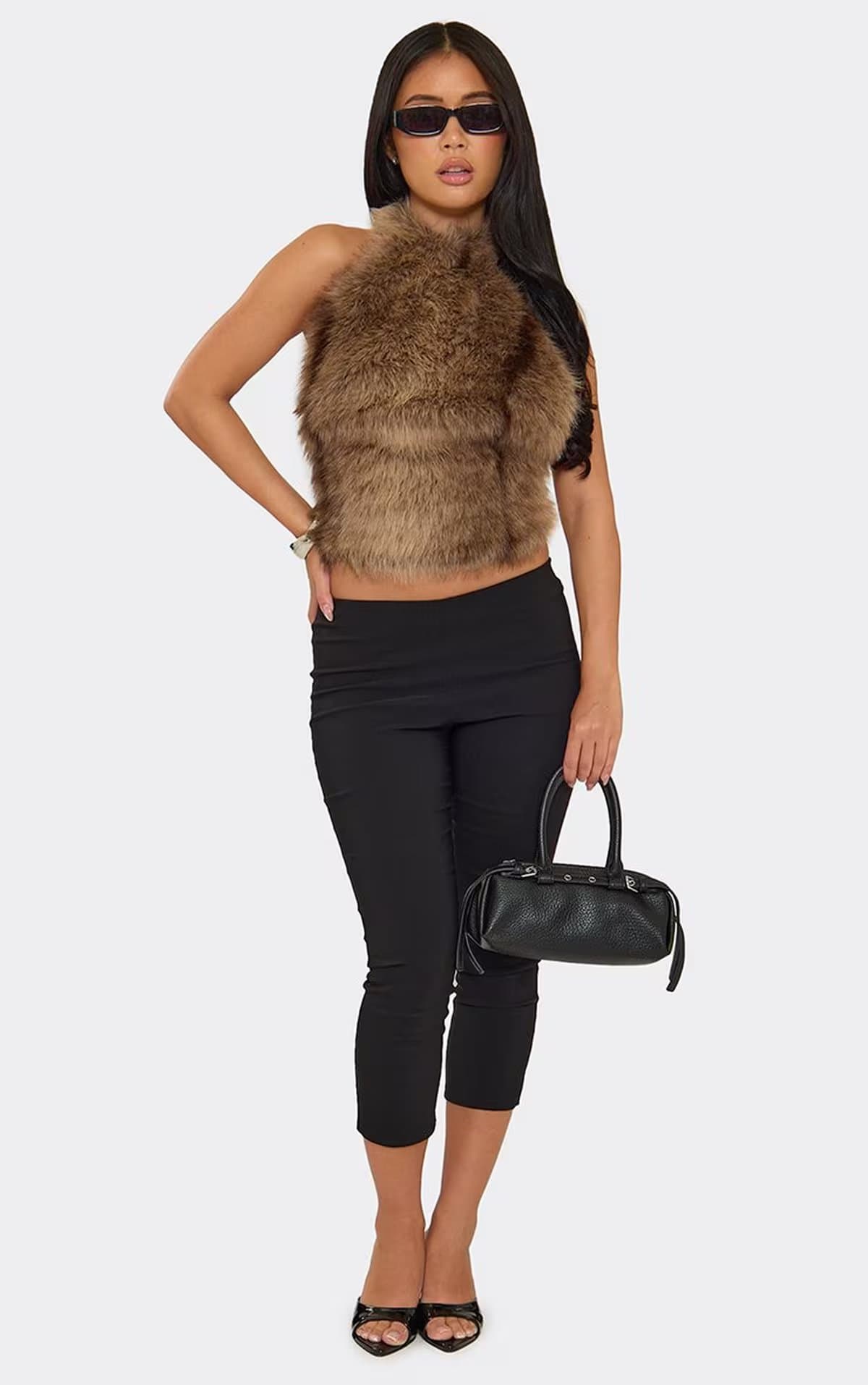 EGO Sleeveless Halterneck Top In Brown Faux Fur, Women's Size UK 6