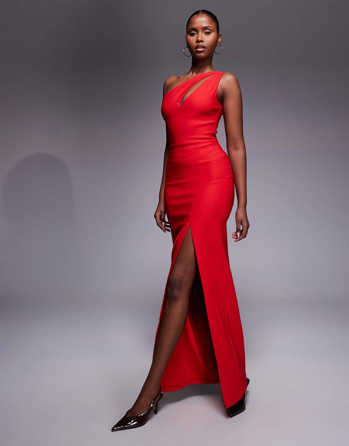 ASOS Vesper bengaline cut out front detail thigh split maxi dress in red - 1