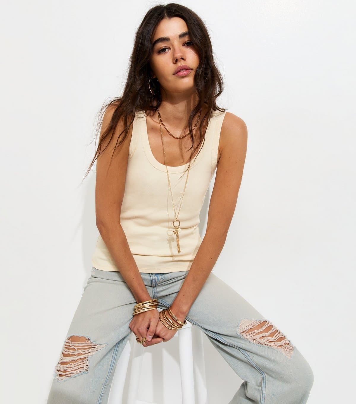 New Look Women's Cream Cotton Rich Ribbed Scoop Neck Vest Top New Look