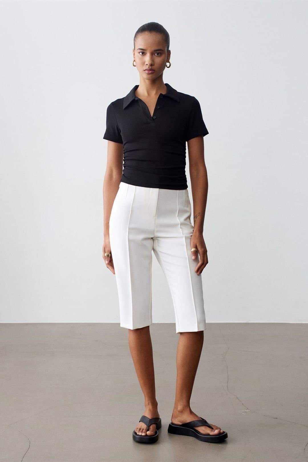 Dilvin Dilvin Women's High-waist Straight Capri Shorts With Slit in White