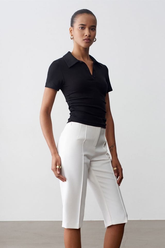 Dilvin Dilvin Women's High-waist Straight Capri Shorts With Slit in White - 3