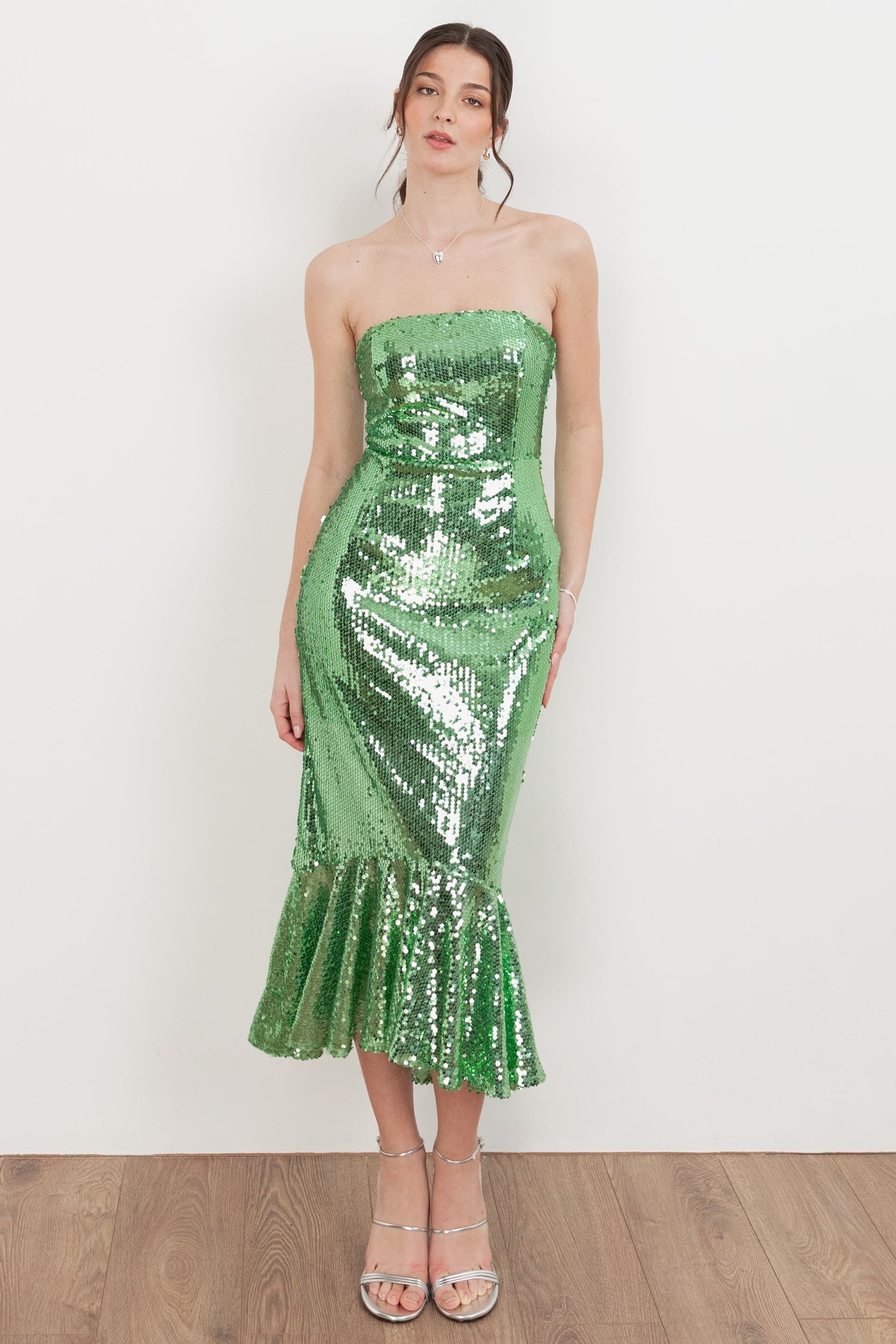 Maya Deluxe Maya Deluxe Women's Fully Embellished Bandeau Midi Dress in Green