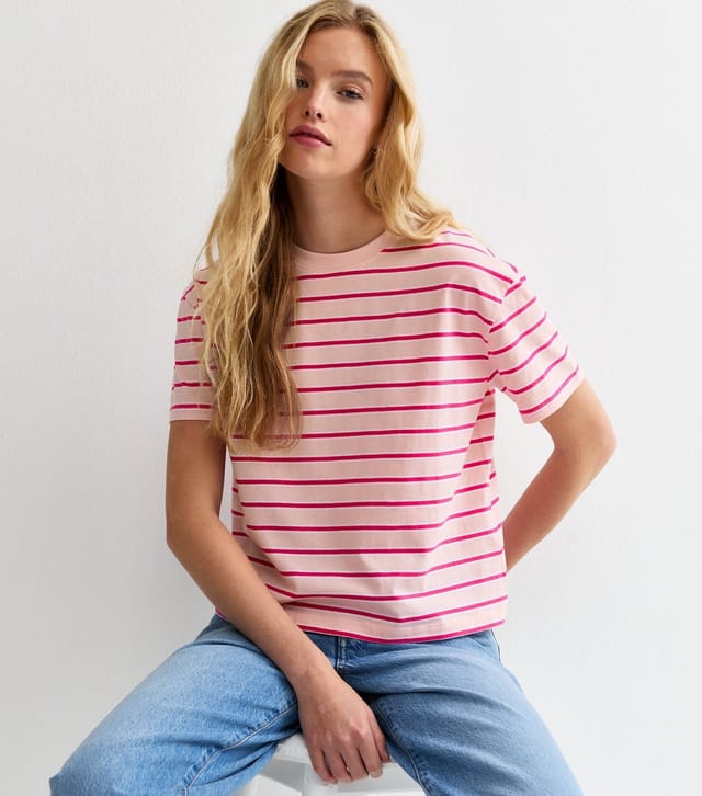 New Look Women's Pink Striped Boxy Fit T-Shirt New Look - 2