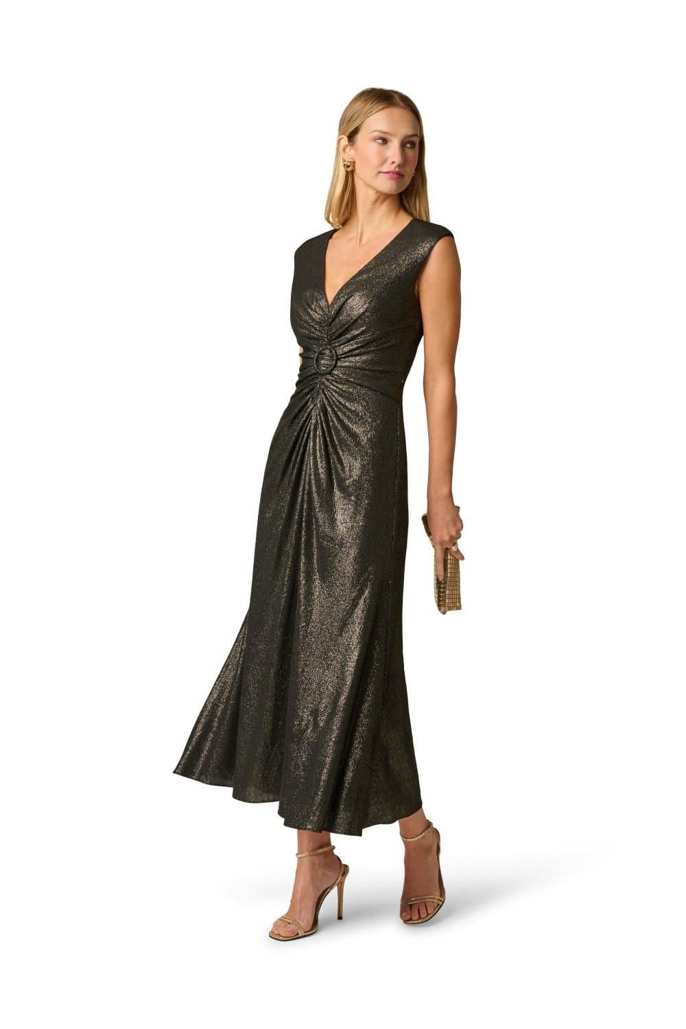 Adrianna Papell Adrianna Papell Women's Vneck Metallic Ankle Dress in Black