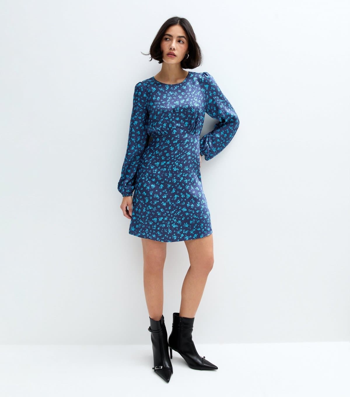 New Look Women's Blue Floral Print Satin Mini Dress New Look