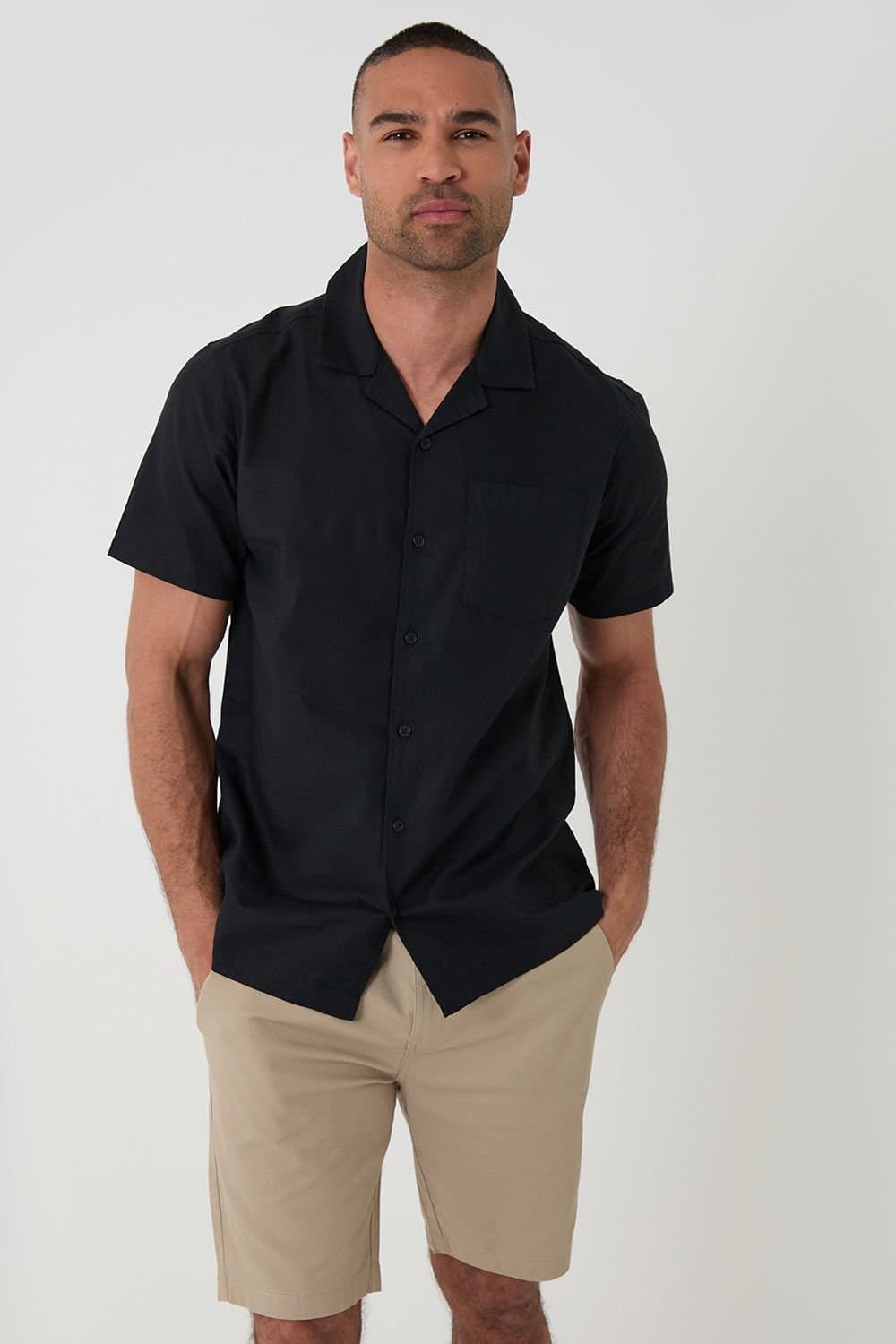 Threadbare Threadbare Men's Linen Cotton Blend Short Sleeve Shirt in Black