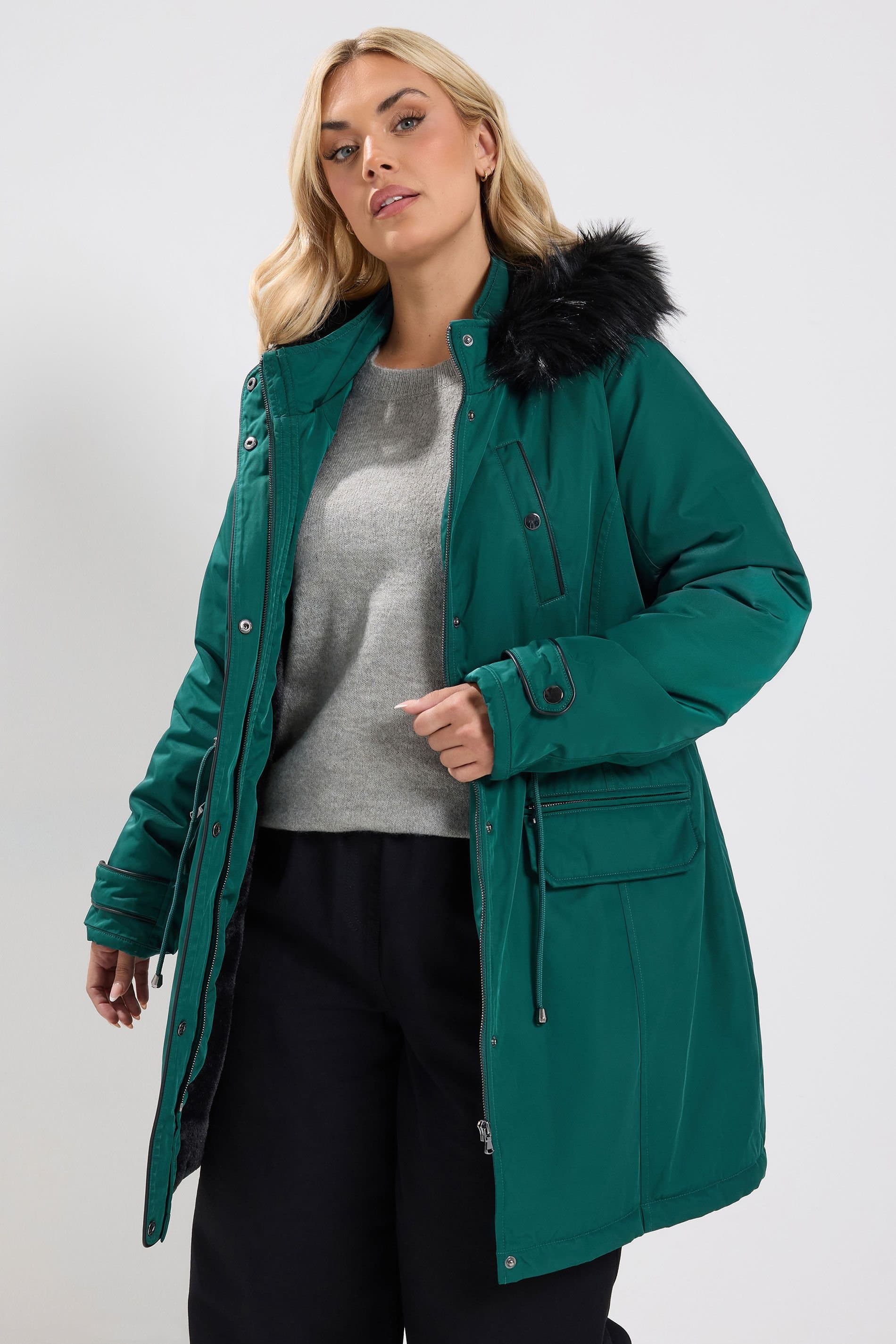 Yours Yours Women's Faux Fur Trim Parka Jacket in Teal