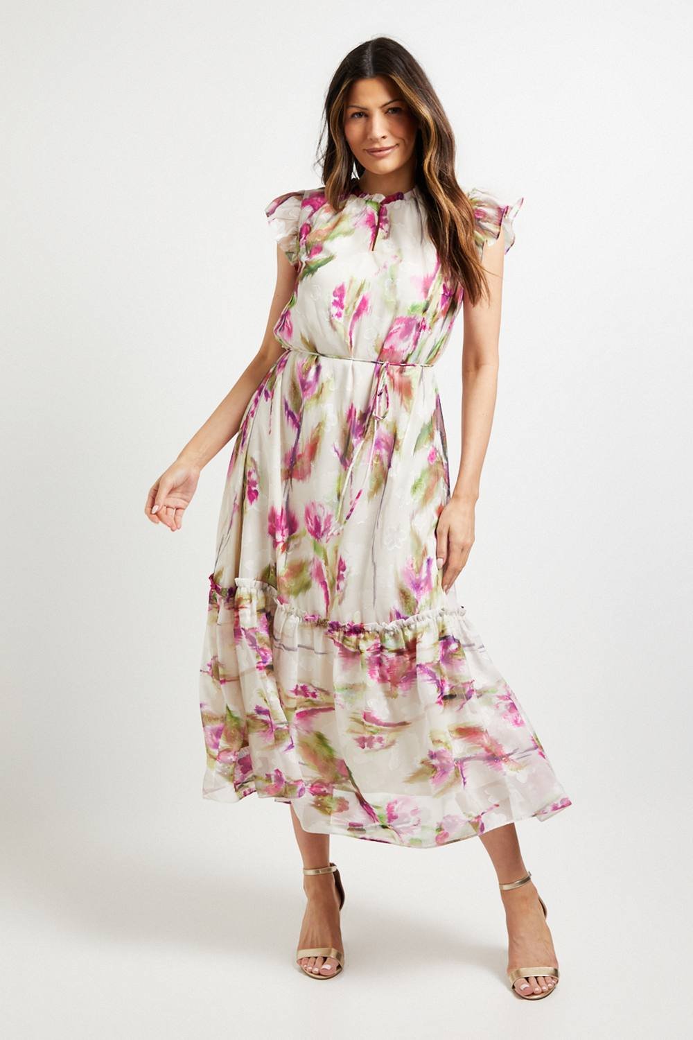 Wallis Wallis Women's Floral Burn Out Ruffle Midi Dress in Ivory - 2