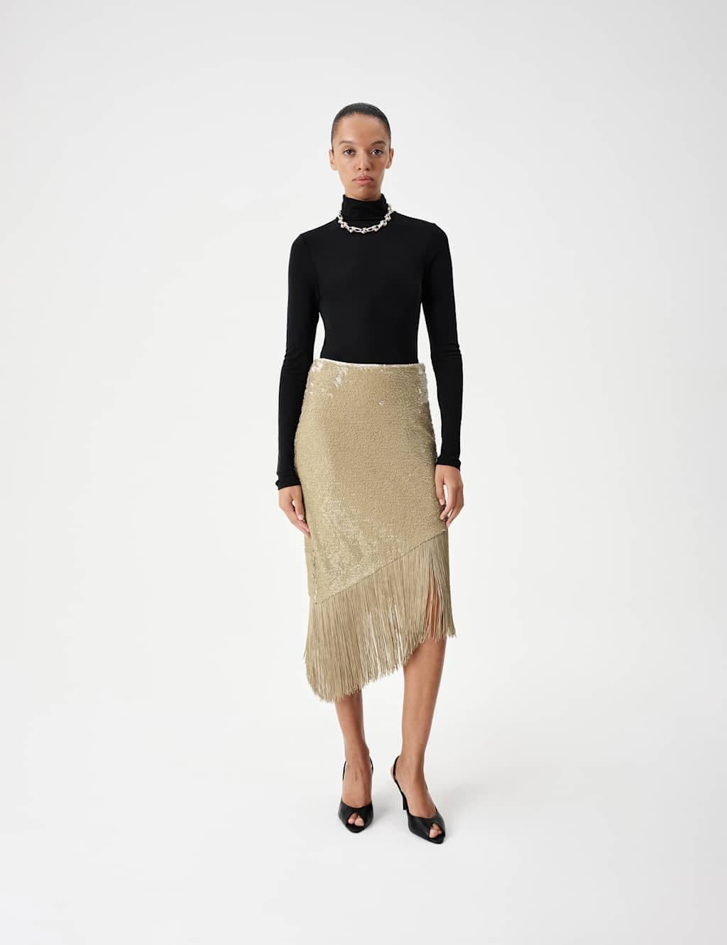 Marks & Spencer M&S Embellished Hi Low Fringe Midi Asymmetric Skirt Beige