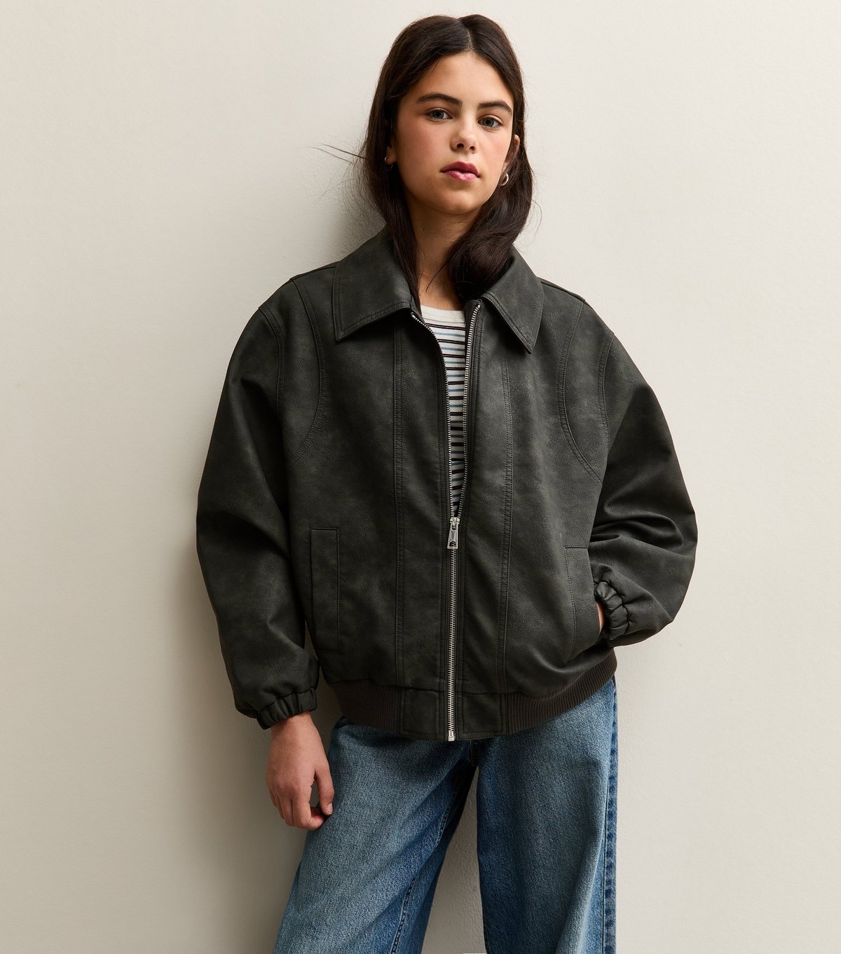 New Look Girls' Grey Faux Leather Jacket New Look - 1